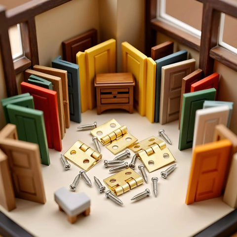 Golden One Twelfth Scale Dollhouse Door Hinges With Screws Set Of Four Hinges And Sixteen Screws For One Twelfth Scale Miniature Doors Cabinets And Furniture DIY Projects Realistic Finish Easy Installation displayed in a miniature room with colorful doors