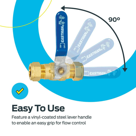 Heavy Duty One Half Inch Compression Full Port Brass Ball Valve For Plumbing, Eastman 20096LF Inline Shutoff Valve with 90-degree handle.