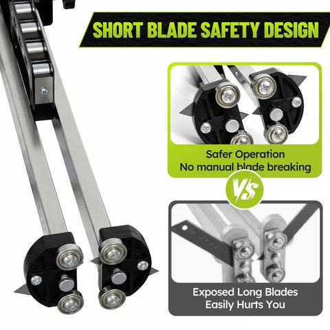 Foldable Drywall Cutter With Short Safety Blades And 10 Blade Storage shown with deburring scraper and adjustable cut height.