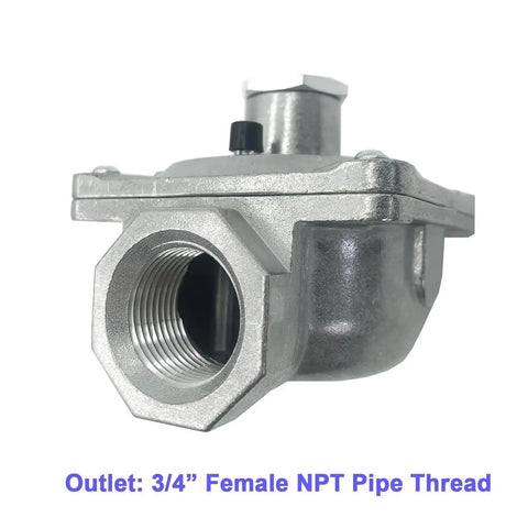 Side view of Natural Gas Regulator With Three Quarters Inch FNPT Inlet And Outlet, metal construction for NG/LP gas applications.