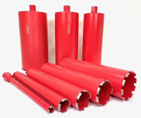 Pro Grade Heavy Duty Concrete Core Drill Package With 8 Inch Wet Coring Bits 1 To 8 110V 2400W High Output Core Drill With Stand 8 Inch Max Hole Red Finish By Bluerock Tools