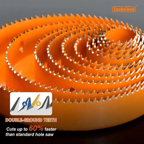 Pro Hole Saw Kit Set With 24 Pieces From Three Quarters Inch To Six Inches For Clean Smooth Cuts In Soft Wood Plywood Drywall And PVC Double Ground Teeth For Faster Drilling And Less Grab Heavy Duty Build Great For DIY Or Pros Luckyway showing orange double-ground teeth saws