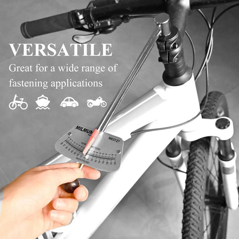 Quarter Inch Drive Beam Torque Wrench Dual Direction Precision Instrument with Range from Zero to Eighty Inch Pounds and Zero to Nine Newton Meters SAE and Metric Compatible for Bicycle and Automotive Maintenance shown tightening a bicycle handlebar.