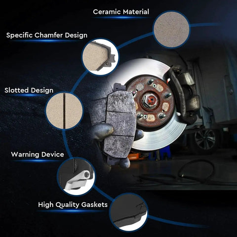 Rear ceramic brake pads with hardware installed on a disc rotor; compatible with Silverado/Sierra/Tahoe and DeVille