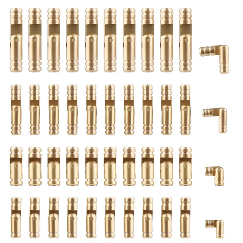 40 Pcs Mini Brass Barrel Hinges For Wooden Boxes, Hidden Cylinder Pivot Hardware laid out in rows