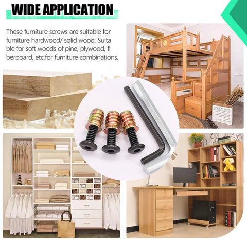 Heavy Duty Wood Furniture Threaded Inserts Set 30 Pieces 1/4-20 X 15mm With 1/4-20 X 20mm Screw In Nuts And Hex Wrench for DIY repairs shown with furniture examples