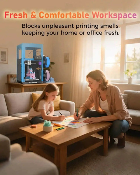 Enclosure Kit For AD5X 3D Printer With Optimized Design in a cozy living room setting, odor reduction feature highlighted.