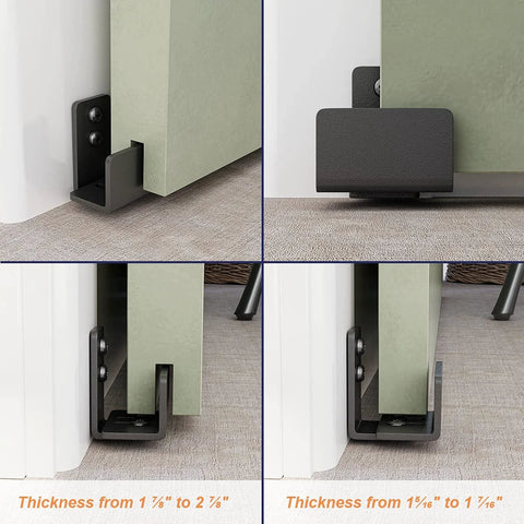 Two Pack Adjustable U Shape Barn Door Floor Guides for floor and wall mount installation in black steel finish, visible installed