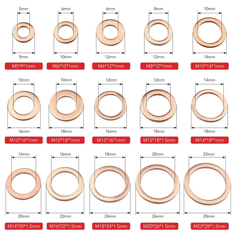 Copper Crush Washers Set, 150 Piece Metric M5 To M22 Assortment With 15 Sizes, Premium Sealing Washers For Automotive