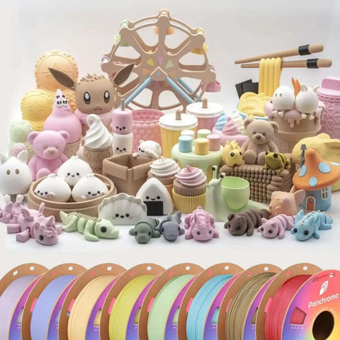 Panchroma Matte Pastel Periwinkle PLA Filament For 3D Printing, 1.75mm, 1Kg Spool showcased with pastel 3D printed toys and decor