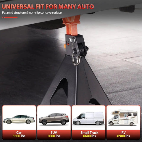 3 Ton Heavy Duty Car Jack Stands With Double Locking Adjustable 11.22-16.54 in, shown lifting an SUV in garage.