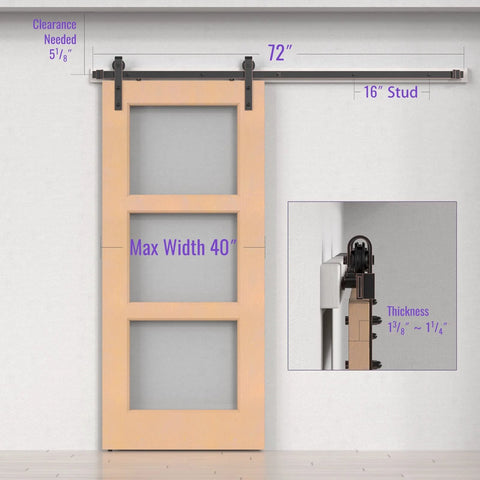 Orb Oil Rubbed Bronze Sliding Barn Door Hardware Kit With 6.6 Foot Track Rails installed on wooden door with J shape rollers