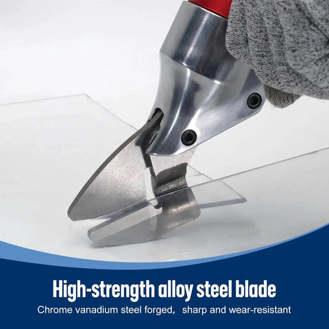 Close-up of Powerful Sheet Metal Cutter Drill Attachment With 360 Degree Pivoting Handle cutting metal, made from chrome vanadium steel