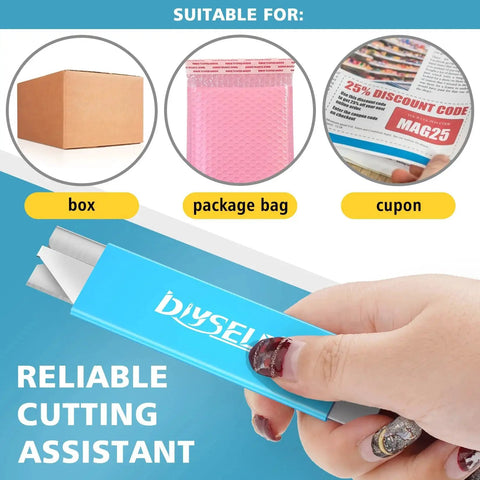 Hand holding a blue Retractable Box Cutter Utility Knife 12 Pack All Metal Shell Single Edge Blades with a cutting demonstration.