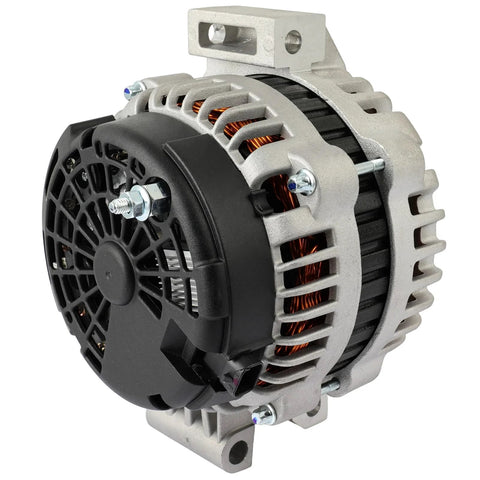 Side view of Alternator Replacement Compatible With Buick Rainier CXL 4.2L And Chevrolet Trailblazer 4.2L A B LS Base 2007 2008 2009 Plug And Play Ready 8498N OE Quality High Performance showing black cover and pulleys.
