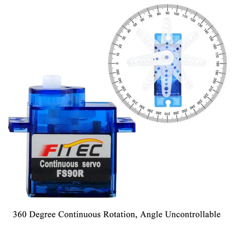 FS90R 360 Degree Continuous Rotation Micro RC Servo Motor 6V with blue casing and attached gear for Arduino projects