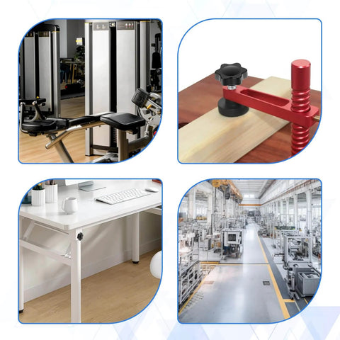 1/4-20 Knurled Thumb Screws Set, Black Plastic Knobs, 12 Pieces installed in gym, woodworking clamp, desk, and factory machine.