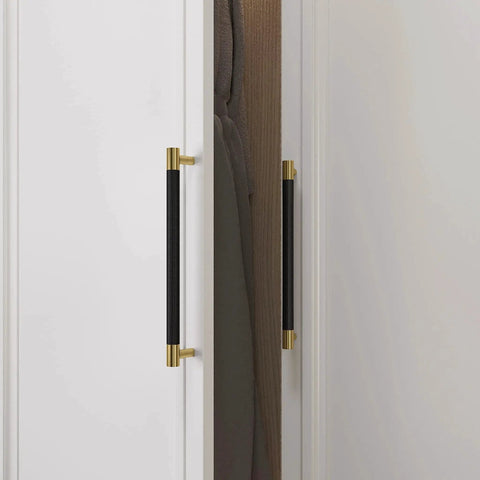Brushed Satin Gold Brass Finish T Bar Cabinet Handles installed on white wardrobe doors