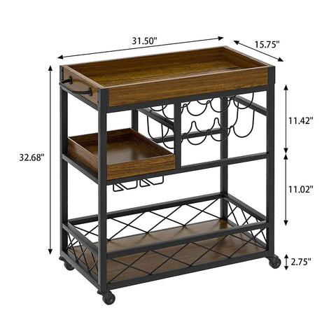 Industrial bar cart with wood top and shelves, metal frame, wine rack, 3 tiers on casters (front view)