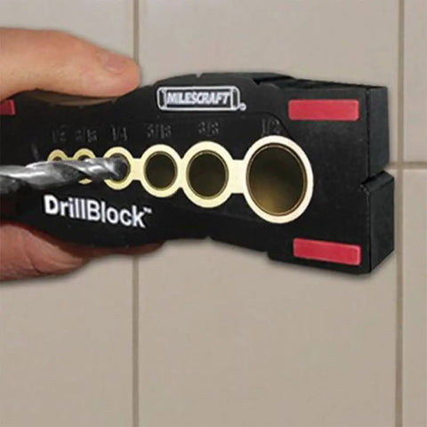 Handheld Drill Guide Block For Precision Drilling Handy Drill Jig With Centerlines Non Slip Feet And Dual V Grooves in use on tile