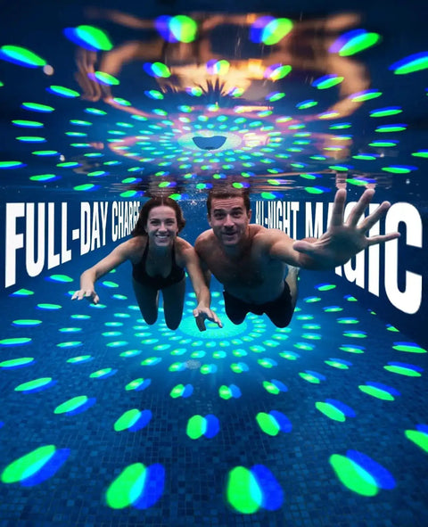 All Day Sun Powered Floating Pool Fountain Kit With Light Show Two Pack Upgraded 2026 creates colorful light patterns in pool at night