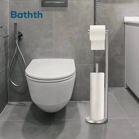 Brushed Nickel Free Standing Toilet Paper Holder Stand with space for one in use roll and three spare rolls in modern bathroom.