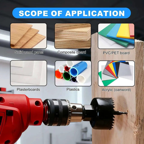 Pro Grade All-In-One Hole Saw Kit With 11 Pieces From 3/4 Inch To 2-1/2 Inch Blades, Mandrels, Drill Bits, Hex Key And Storage Box For Soft Wood, Plywood, Drywall And PVC Drilling used on different materials
