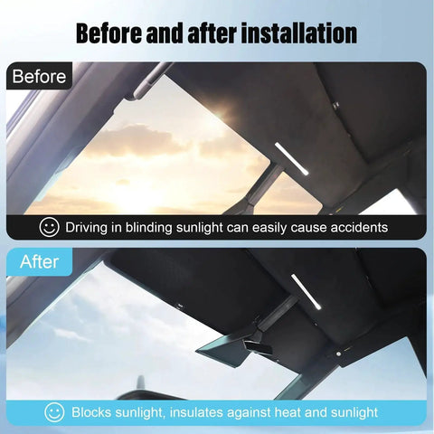 Before and after installation of Cybertruck Roof Sunshade Kit Nano Reflective Heat Insulation UV Protection 2Pcs blocking sunlight.