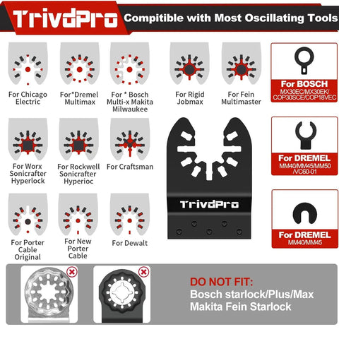 TrivdPro 100 Piece Oscillating Tool Blade Set for Metal Wood Plastic, showing compatibility with various tool brands.