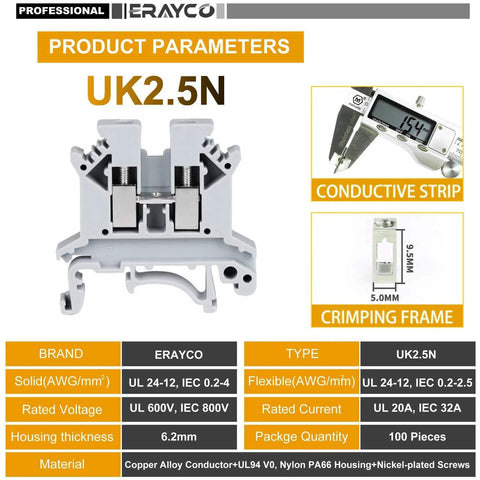 DIN Rail Terminal Block With Screw Clamp, 600V Rating, 20A Max, Handles 24 To 12 AWG Solid Or 20 To 12 AWG Flexible Wires