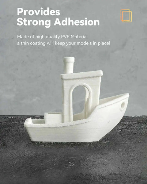 White 3D printed boat model demonstrating adhesion on a textured surface with PVP solid adhesive for build plate and hot bed.