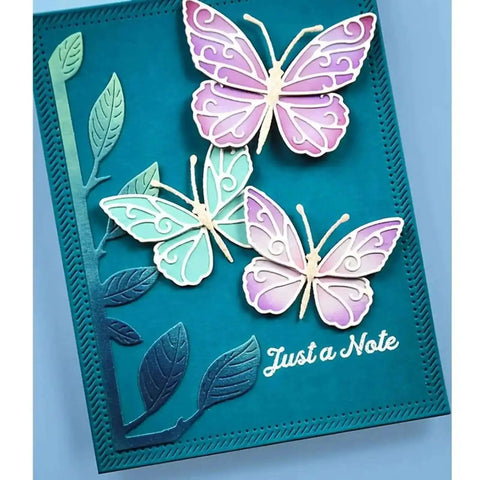 Handmade card with butterfly design using Six Piece Rectangle Frame Metal Die Cuts Set with Scalloped Stitch Nested Tags for DIY crafts.
