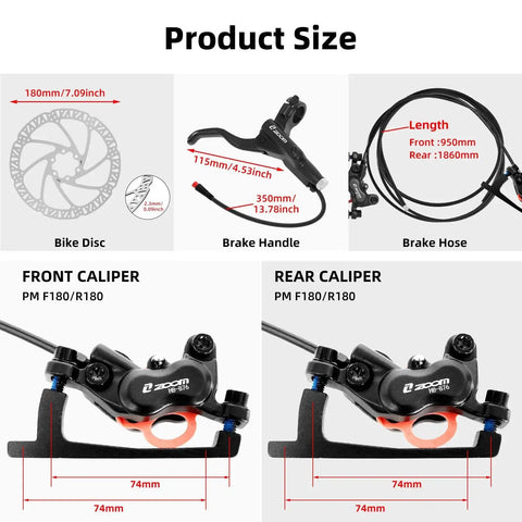 Z00M HB876E hydraulic brake set for e-bikes; 2-pin, 4-piston front/rear calipers, lever and hose, black/red