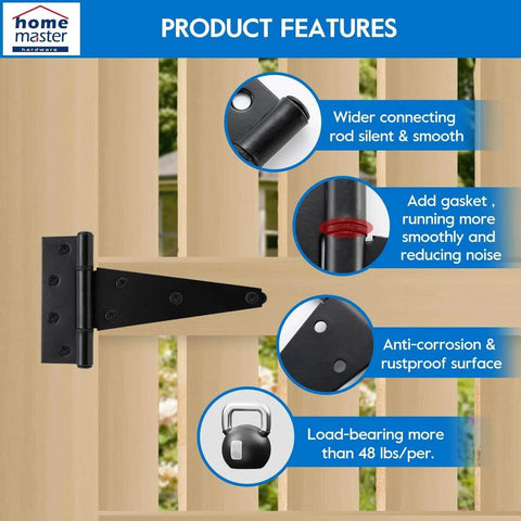 Close-up of 6-Inch T-Strap Heavy-Duty Shed Door Hinges with rustproof surface and gasket feature for wooden fences and barn gates.
