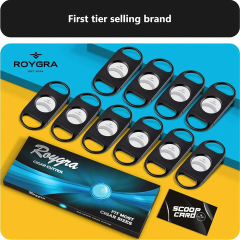roygra Cigar Cutter Set (10 Pack), Enlarged 65 Ring Fit Almost Cigars, Guillotine Double Blade, displayed with packaging