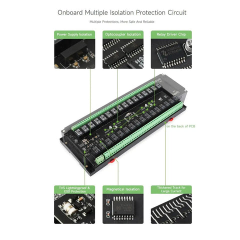 32 Channel Modbus RTU Relay Module With RS485 Interface showing isolation protection circuits and onboard regulator.