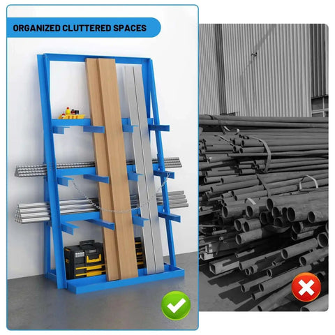Vertical Bar Rack Heavy Duty Steel Storage Shelf For Long Parts And Lumber In The Garage Basement 3000 Lb Capacity Upright Shelving Pipe Organizer Pro Grade Shop Organizer Beast shown with organized materials, including pipes and lumber, on display next to a cluttered section of pipes.