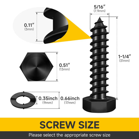 Heavy Duty Stainless Steel Lag Bolts 5/16 Inch By 1-1/4 Inch 20 Piece Set diagram showing screw dimensions and washer size