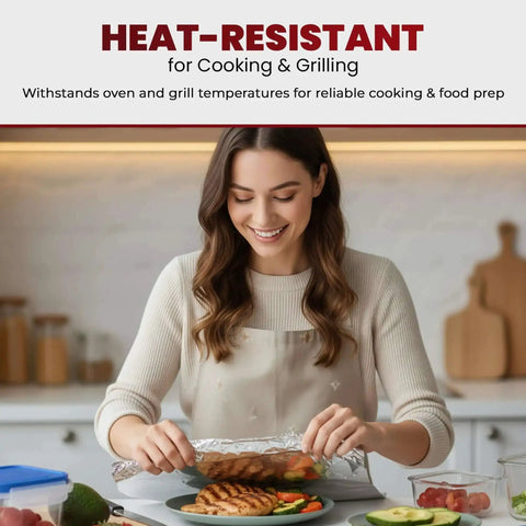 Woman wrapping grilled food using No Fuss Pre Cut Aluminum Foil Sheets In Pop Up Dispenser 9 Inch By 10.75 Inch 500 Count