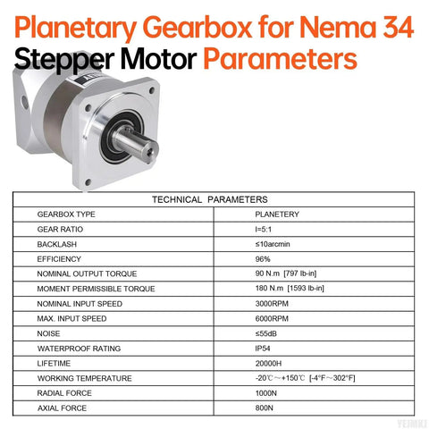 Technical specifications for Planetary Gearbox Five To One Ratio For Nema 34 Stepper Motor With Ten Arcmin Backlash and shaft details.