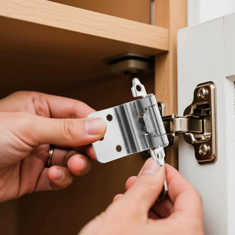 Hands installing Heavy Duty Self Closing Inset Cabinet Hinges Kit 8 Pieces For Kitchen And Bathroom Waterproof on a wooden cabinet door