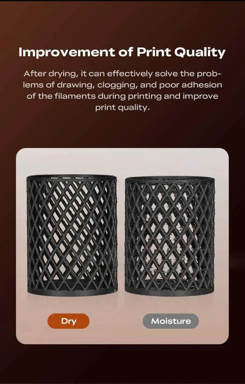 Comparison of dry and moisture-affected filaments showing print quality, emphasizing the Upgraded SpacePi SE Filament Dryer for 3D Printers