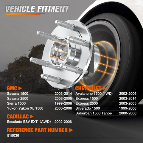 Front Wheel Bearing Hub Assembly 6 Lug Drop In Replacement For Silverado Tahoe Suburban Yukon XL Avalanche Express 1500 1999 To 2006 And Cadillac Escalade 6 Lug OEM 515036 Compatible schematic view