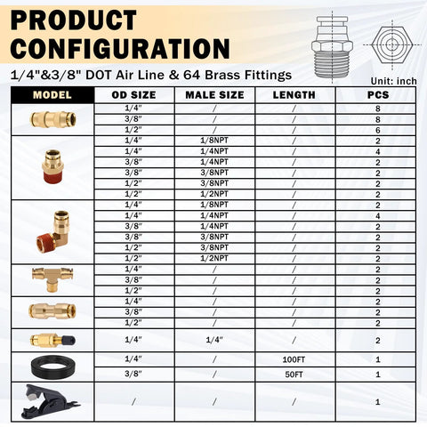 CheeMuii brass DOT air line fittings kit, 64 pcs with 100ft 1/4" tubing and 50ft 3/8" tubing, push lock and NPT fittings