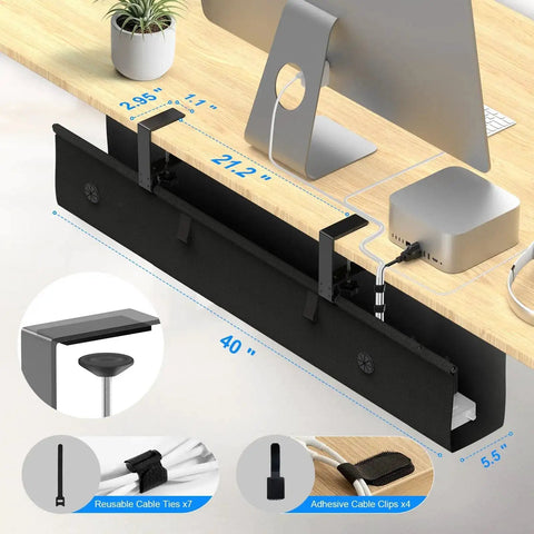 40 Inch Under Desk Cable Management Tray No Drill Cord Organizer With Anti Sag Reinforced Base Fabric Wire Hider in use.