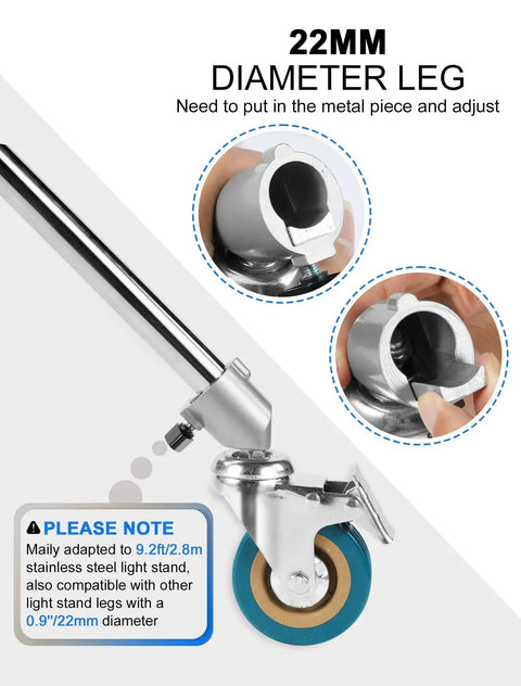 Professional Light Stand Wheels Set 0.9 Inch 22mm Diameter Swivel Casters with Rubber Wheels and Foot Brake Lock