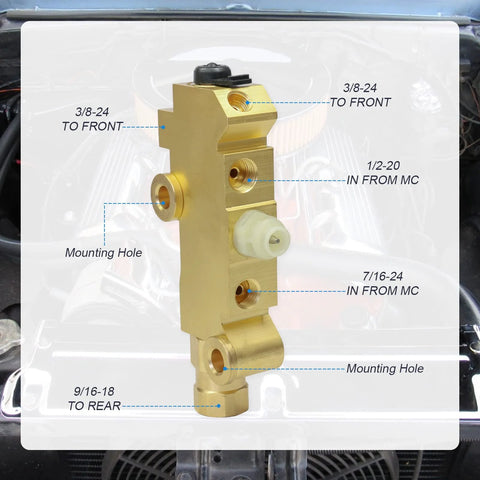PV2 brass combination proportioning valve for disc/drum brakes; gold finish with front and rear ports