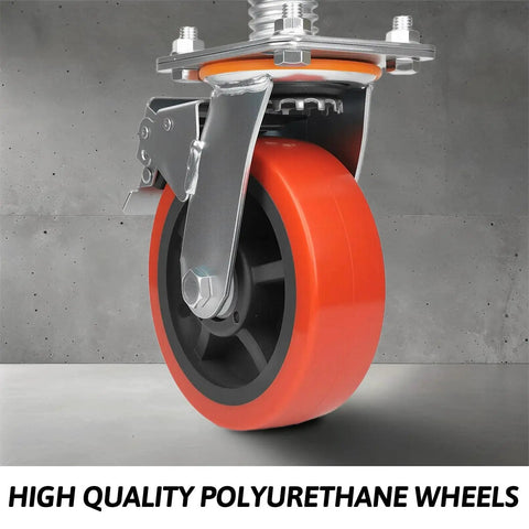 4 Pack 6 Inch Leveling Scaffolding Wheels With 360 Degree Rotating Casters And Dual Locks, side view of orange polyurethane wheel.