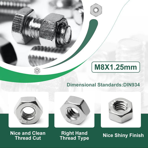 Beefy M8 Hex Nuts Set In 304 Stainless Steel Right Hand Thread M8 X 1.25 Pitch DIN934 Standard 30 Pieces Overview