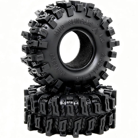 1.3 Inch RC Crawler Tires Mud Slingers X Soft Sticky Compound For 1/24 And 1/18 Scale Rigs, stacked and side view